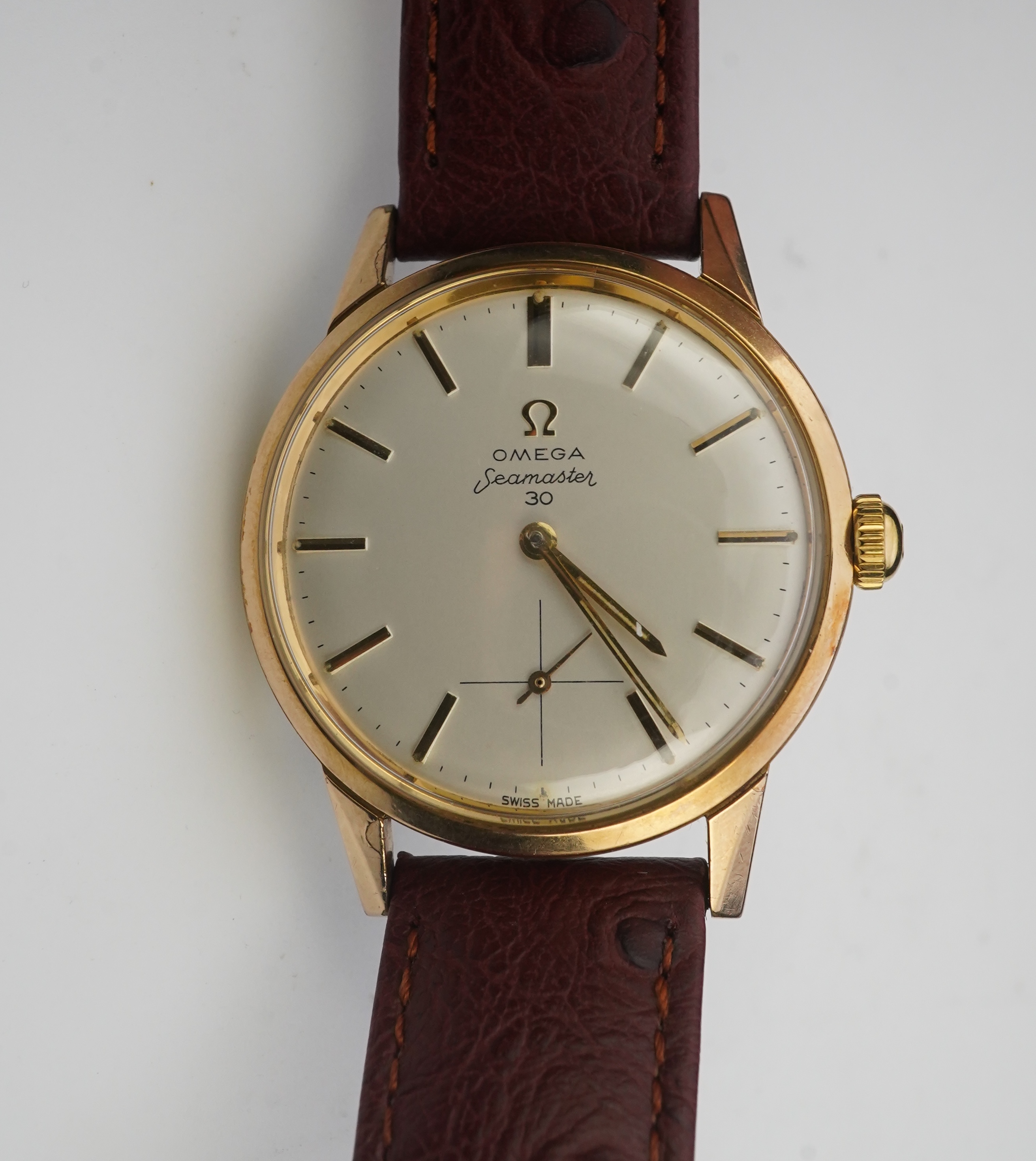 A gentleman's early 1960's steel and gold plated Omega Seamaster 30 manual wind wrist watch, on a later associated leather strap